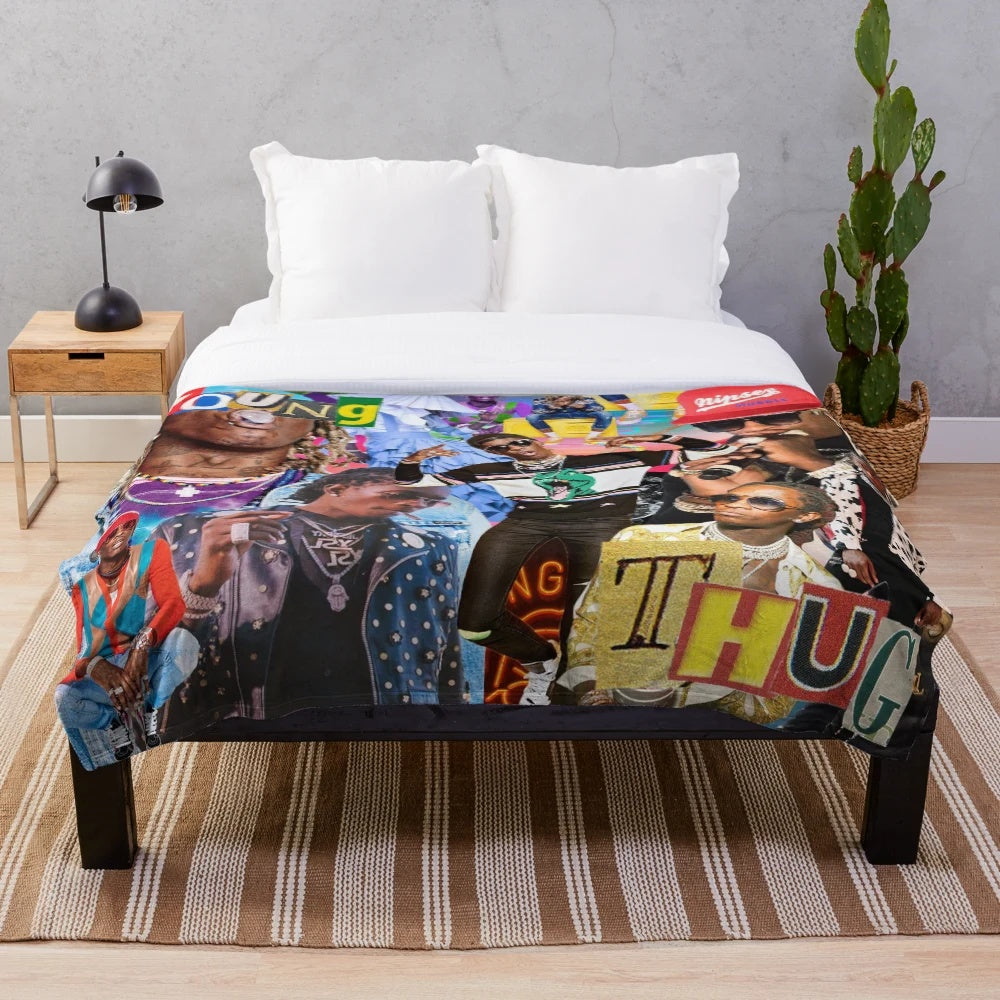 Colorful plush blanket featuring a collage design inspired by the fashion and style of rapper Young Thug