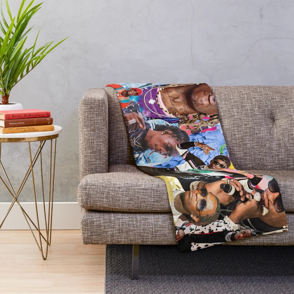 Colorful plush blanket featuring a collage design inspired by the fashion and style of rapper Young Thug
