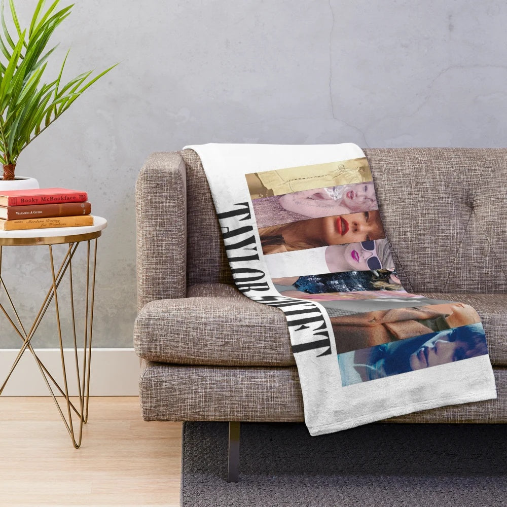 Collage portrait of Taylor Swift on a plush blanket
