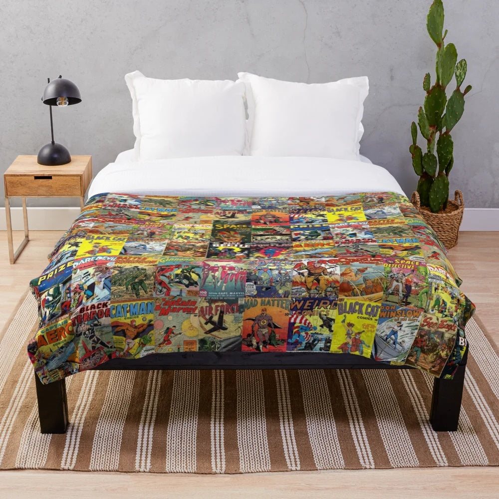 Vibrant comic book collage design on a plush blanket