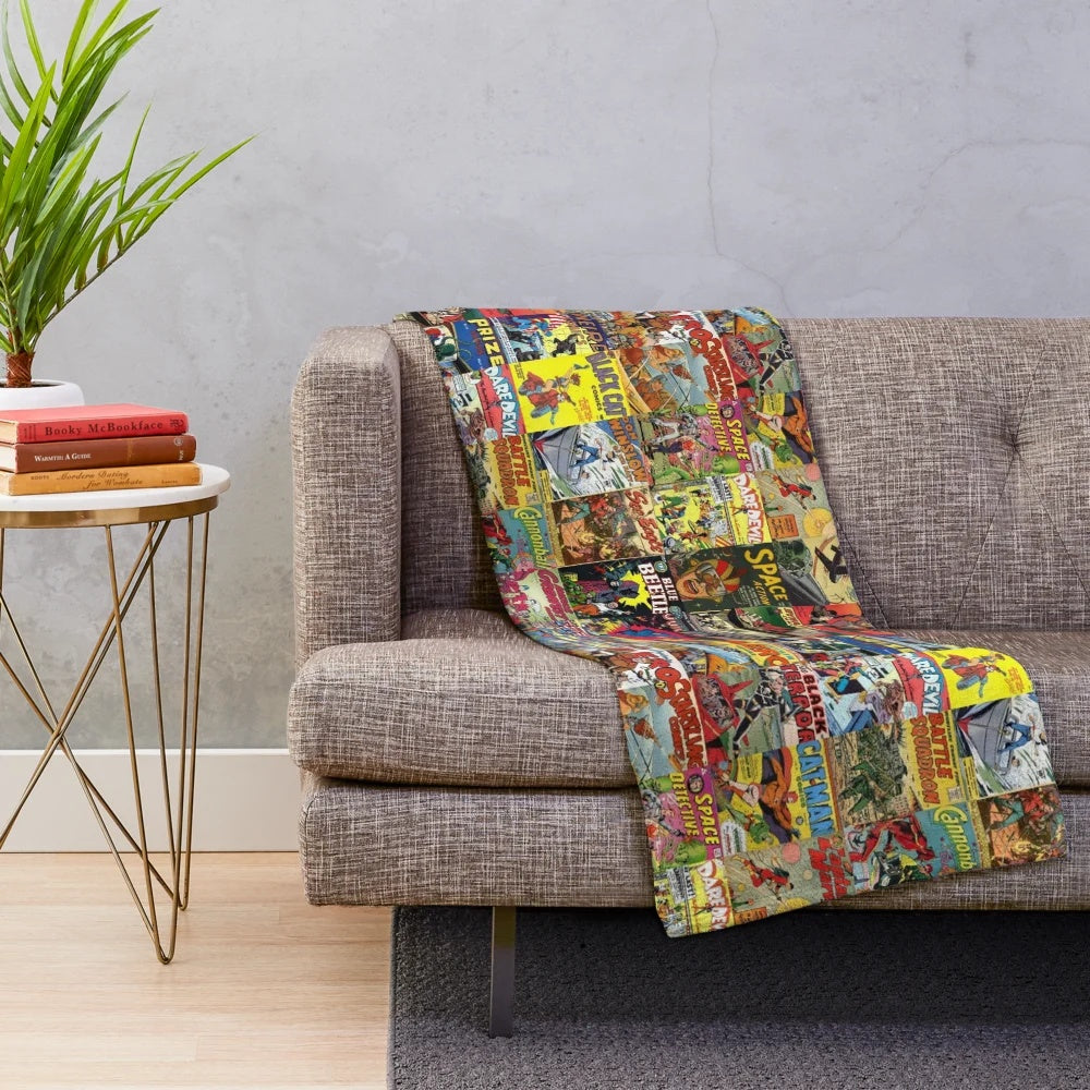 Vibrant comic book collage design on a plush blanket