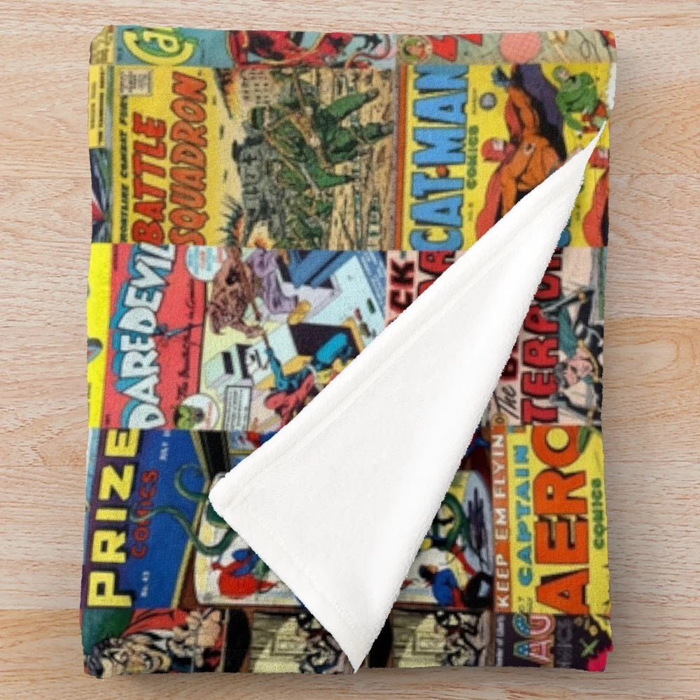 Vibrant comic book collage design on a plush blanket