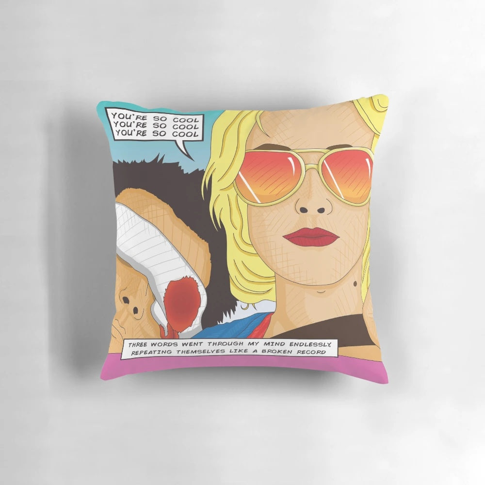 Vibrant comic book-style pillow featuring a romantic quote, perfect for movie fans