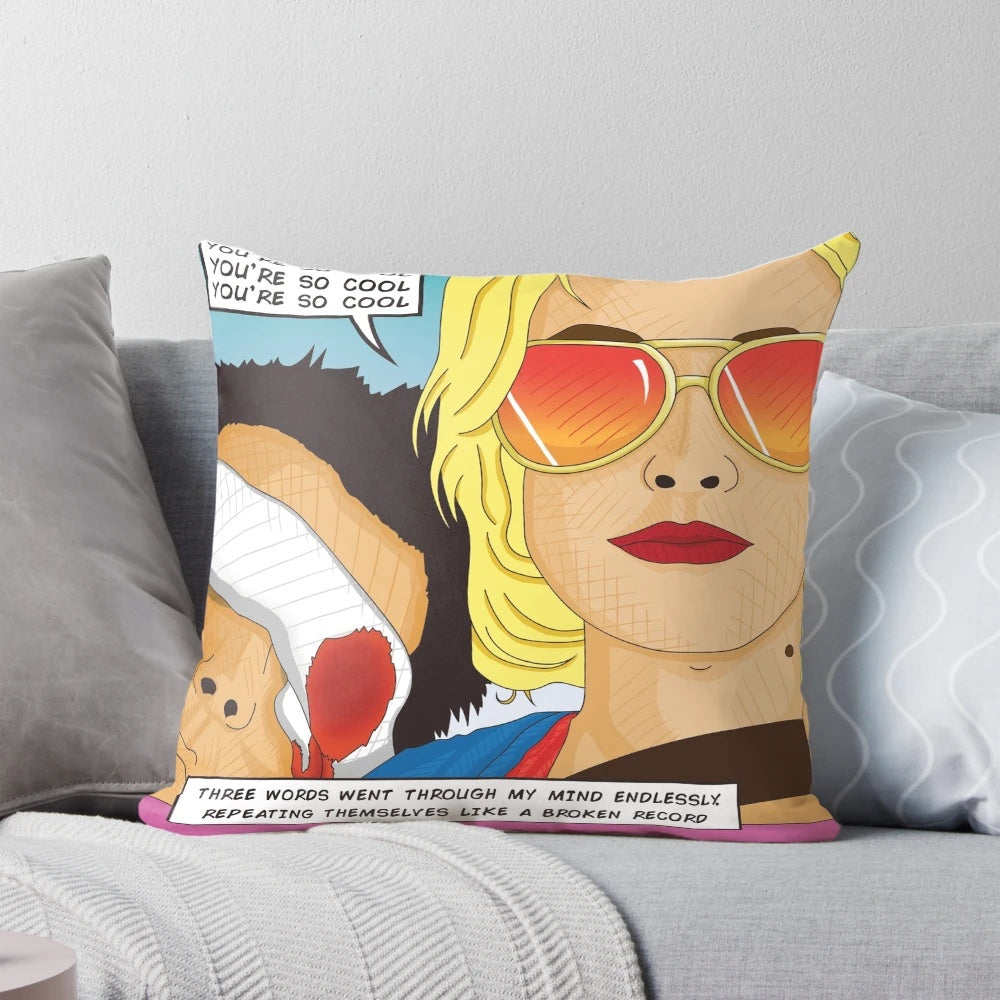 Vibrant comic book-style pillow featuring a romantic quote, perfect for movie fans