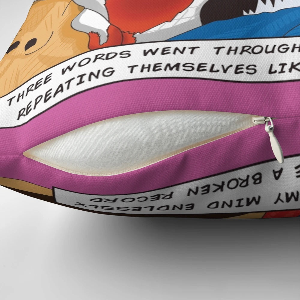 Vibrant comic book-style pillow featuring a romantic quote, perfect for movie fans