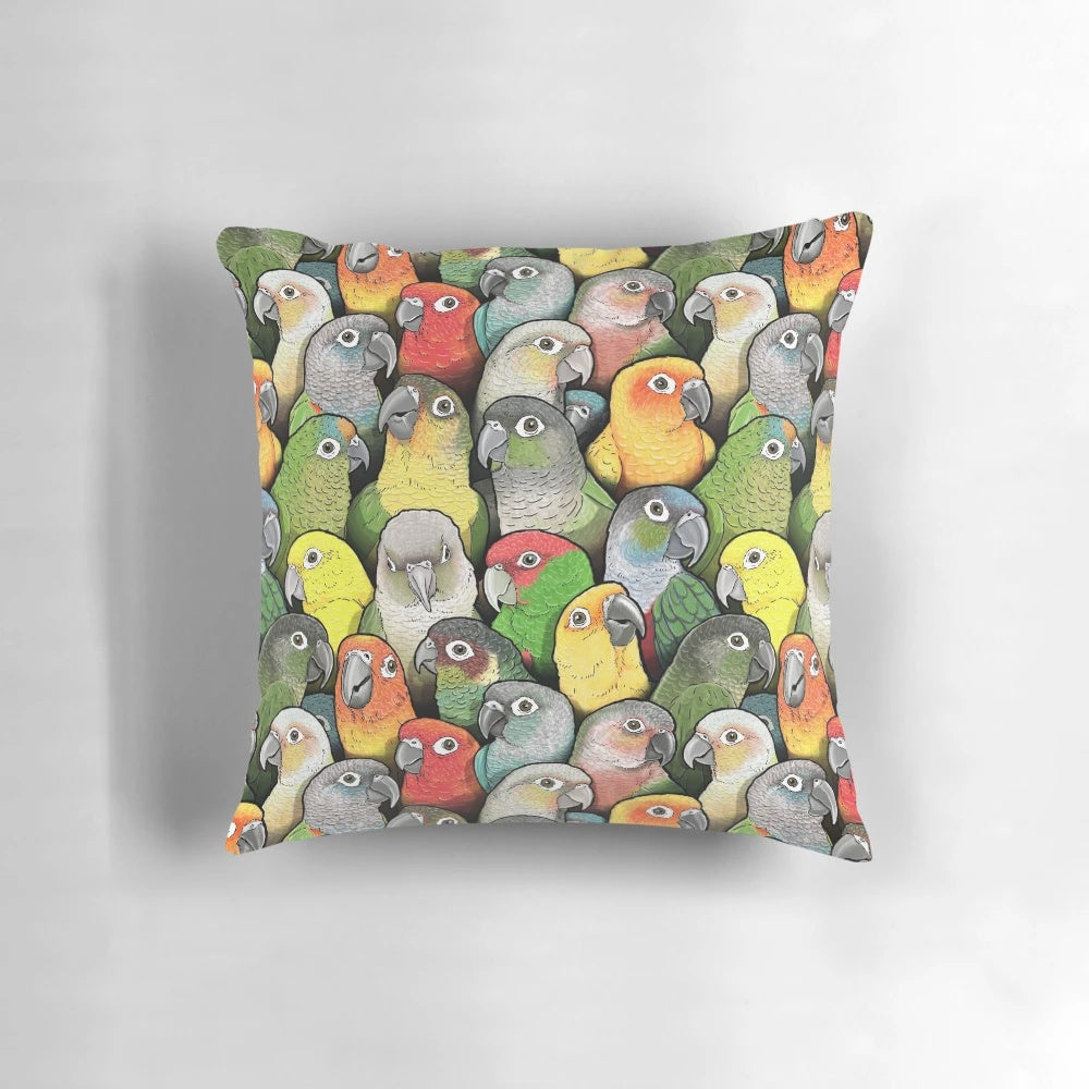 Vibrant and colorful pillow featuring a design of conures, parakeets, and other birds