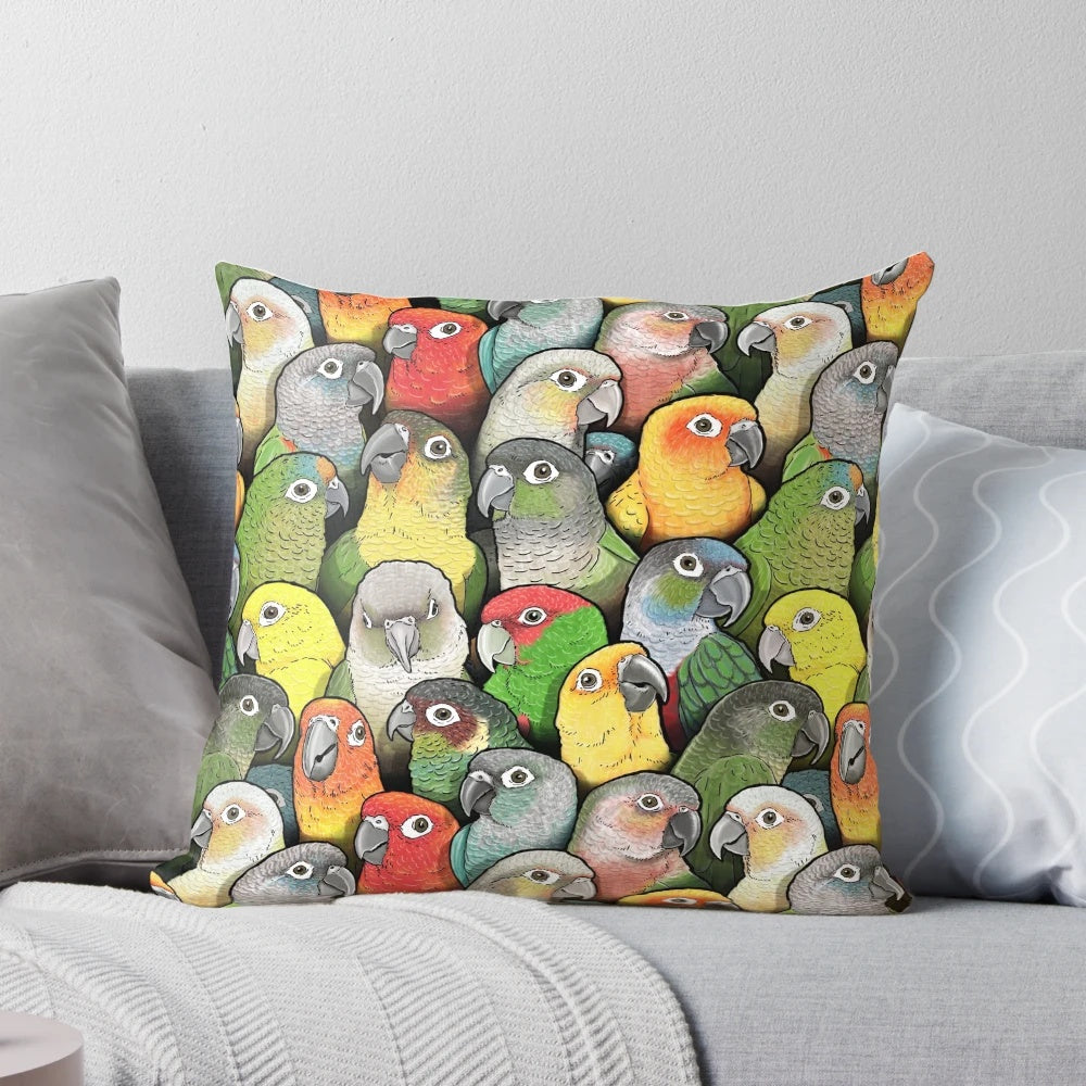 Vibrant and colorful pillow featuring a design of conures, parakeets, and other birds