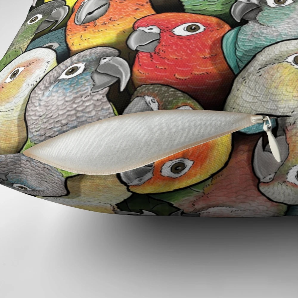 Vibrant and colorful pillow featuring a design of conures, parakeets, and other birds