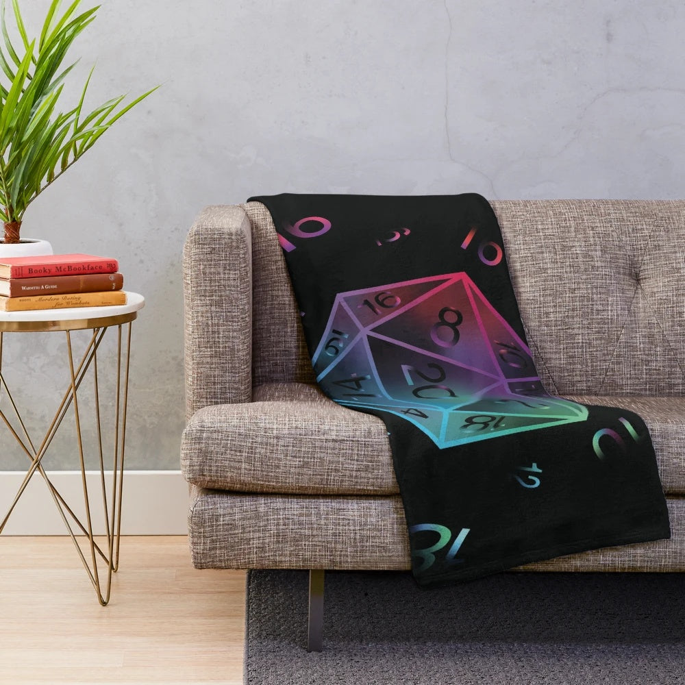 Colorful plush blanket featuring the iconic D20 dice from the Dungeons & Dragons tabletop game