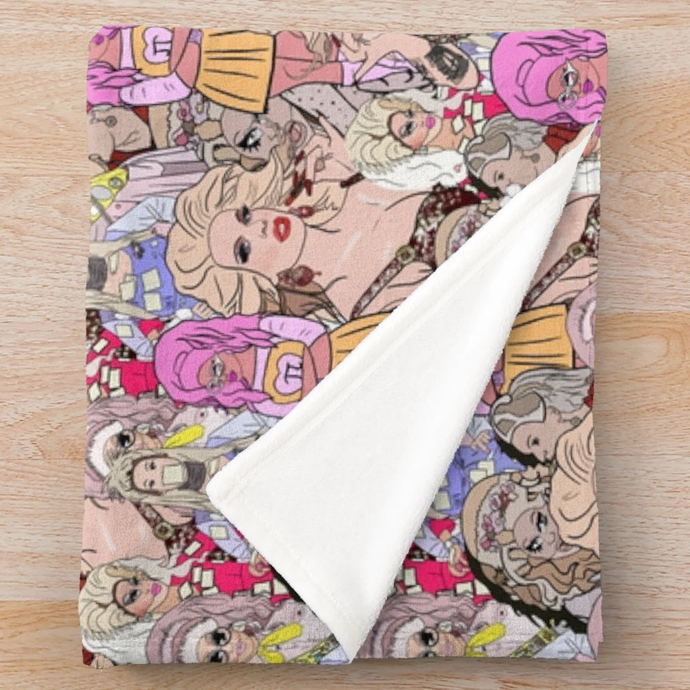 Colorful plush blanket featuring a pop art pattern of drag queens Trixie Mattel and Katya Zamolodchikova