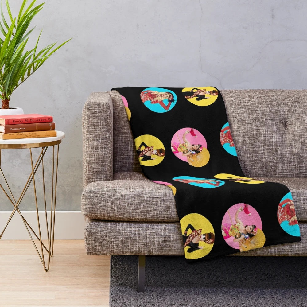 Colorful drag race inspired plush blanket with various drag queen icons