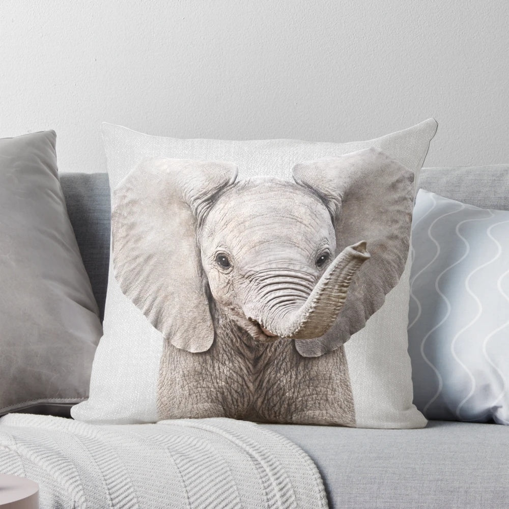Vibrant colorful throw pillow featuring a whimsical elephant portrait