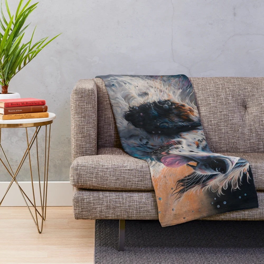 Plush blanket featuring a colorful splash painting design of an English Setter dog