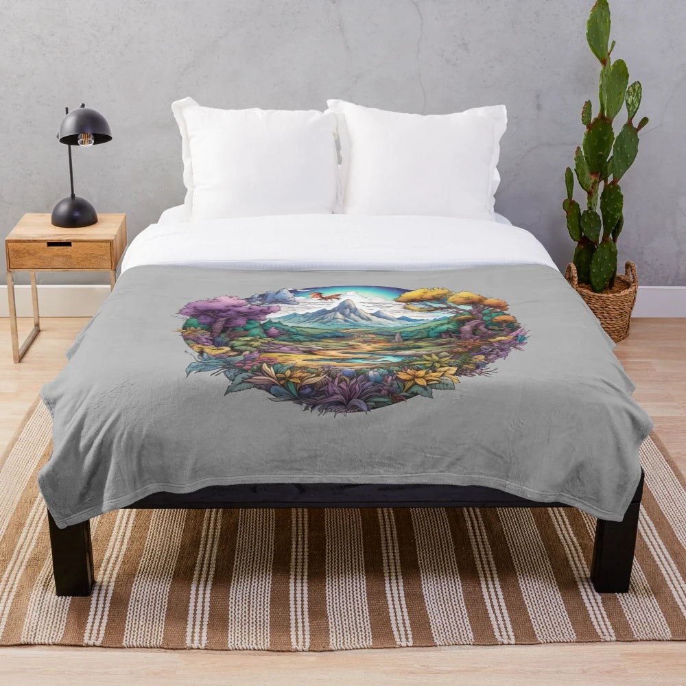 Colorful fantasy illustration plush blanket featuring The Lonely Mountain from Lord of the Rings and The Hobbit