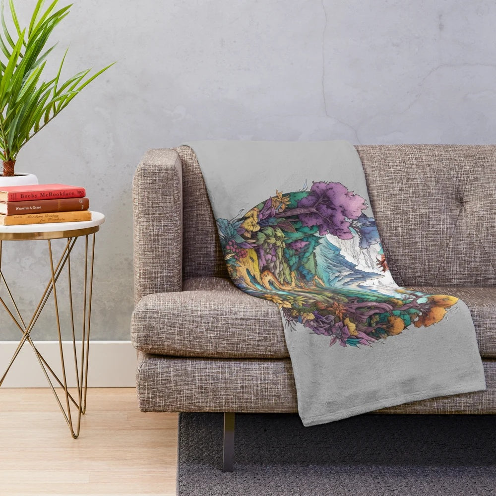 Colorful fantasy illustration plush blanket featuring The Lonely Mountain from Lord of the Rings and The Hobbit
