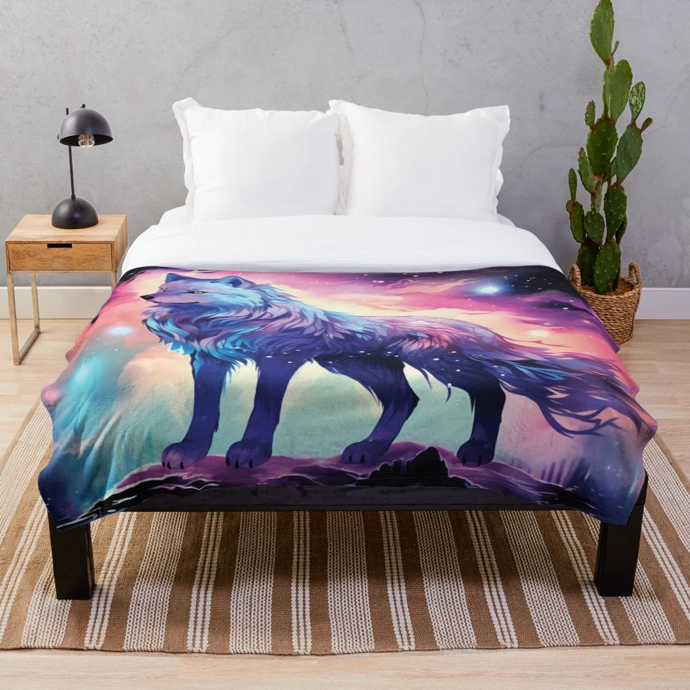 Colorful fantasy wolf plush blanket with abstract design