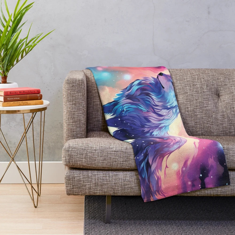Colorful fantasy wolf plush blanket with abstract design