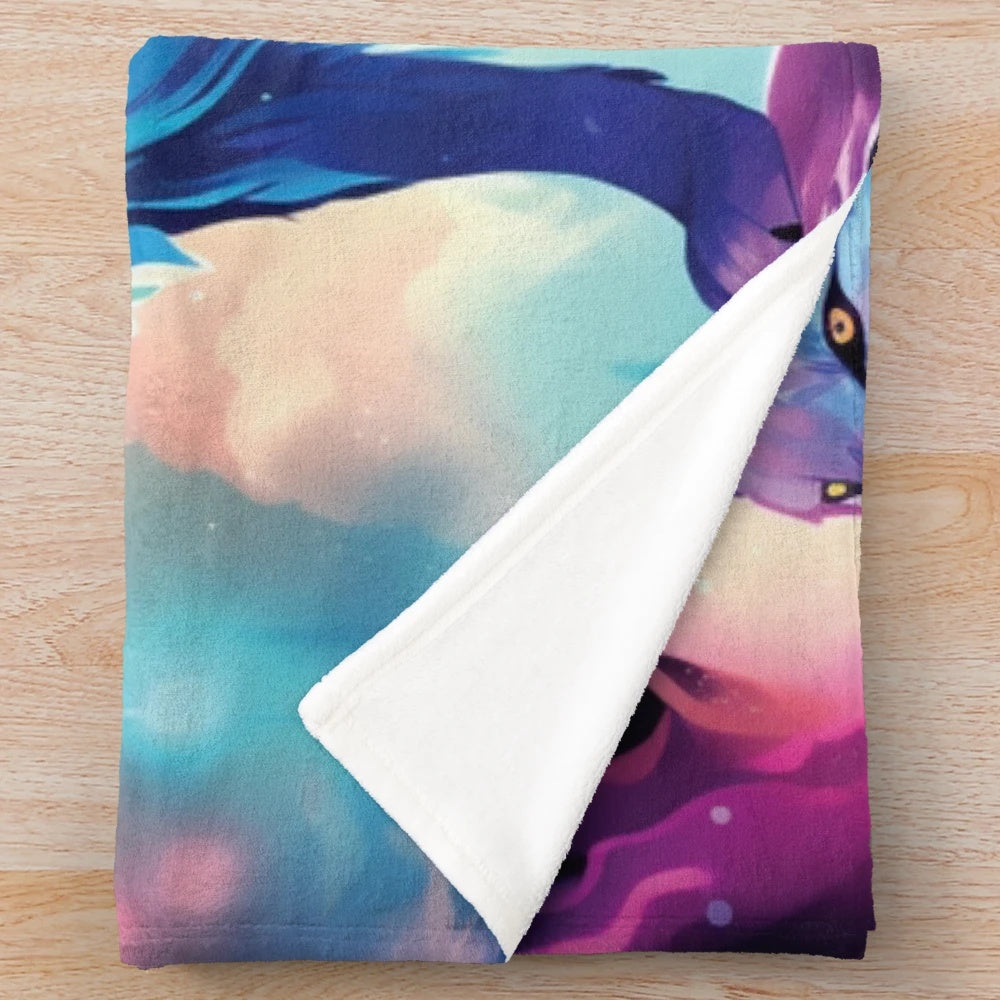 Colorful fantasy wolf plush blanket with abstract design