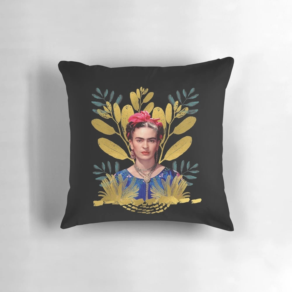 A vibrant throw pillow featuring a Frida Kahlo portrait with abstract flowers and watercolor elements.
