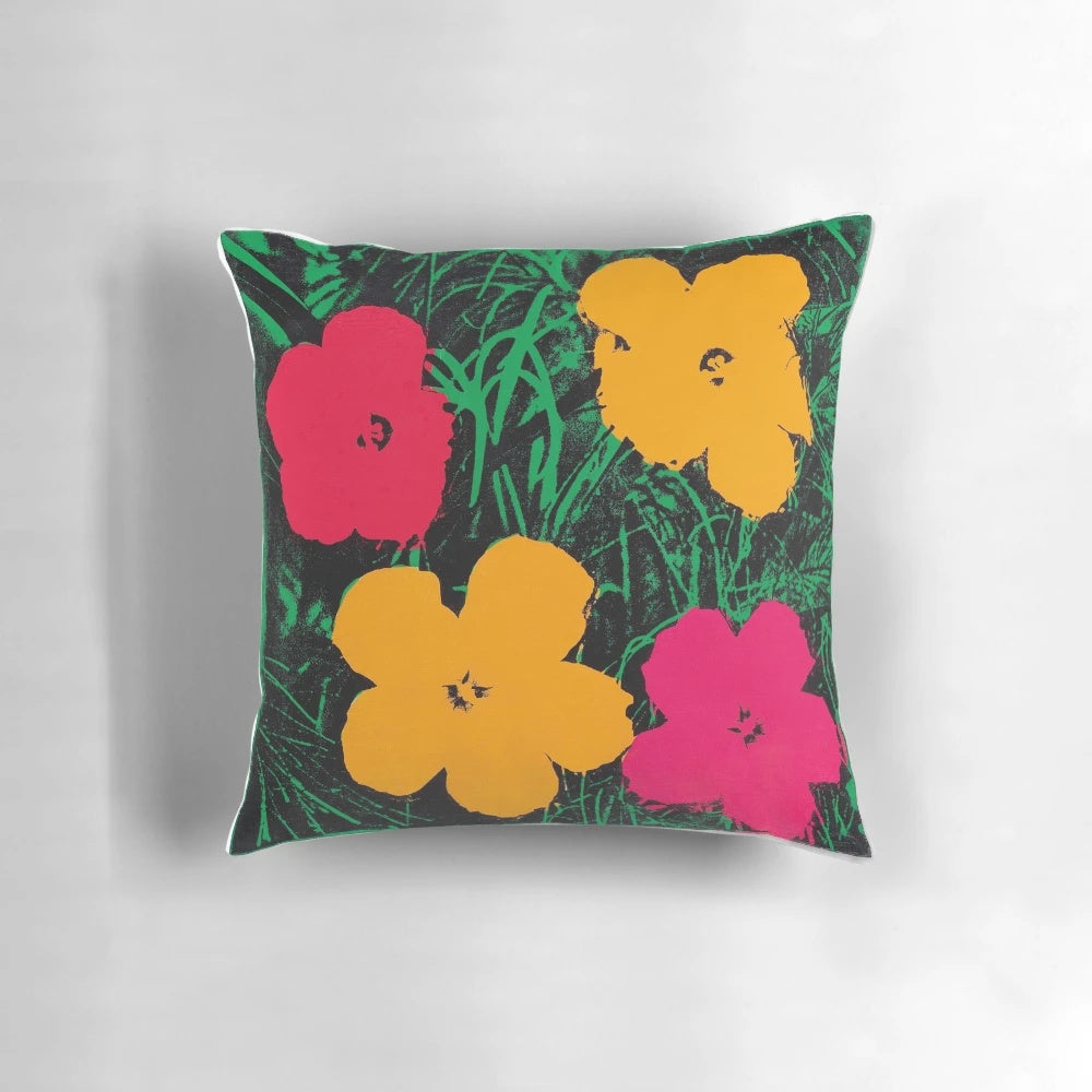 Vibrant flower design pillow inspired by the iconic pop art of Andy Warhol