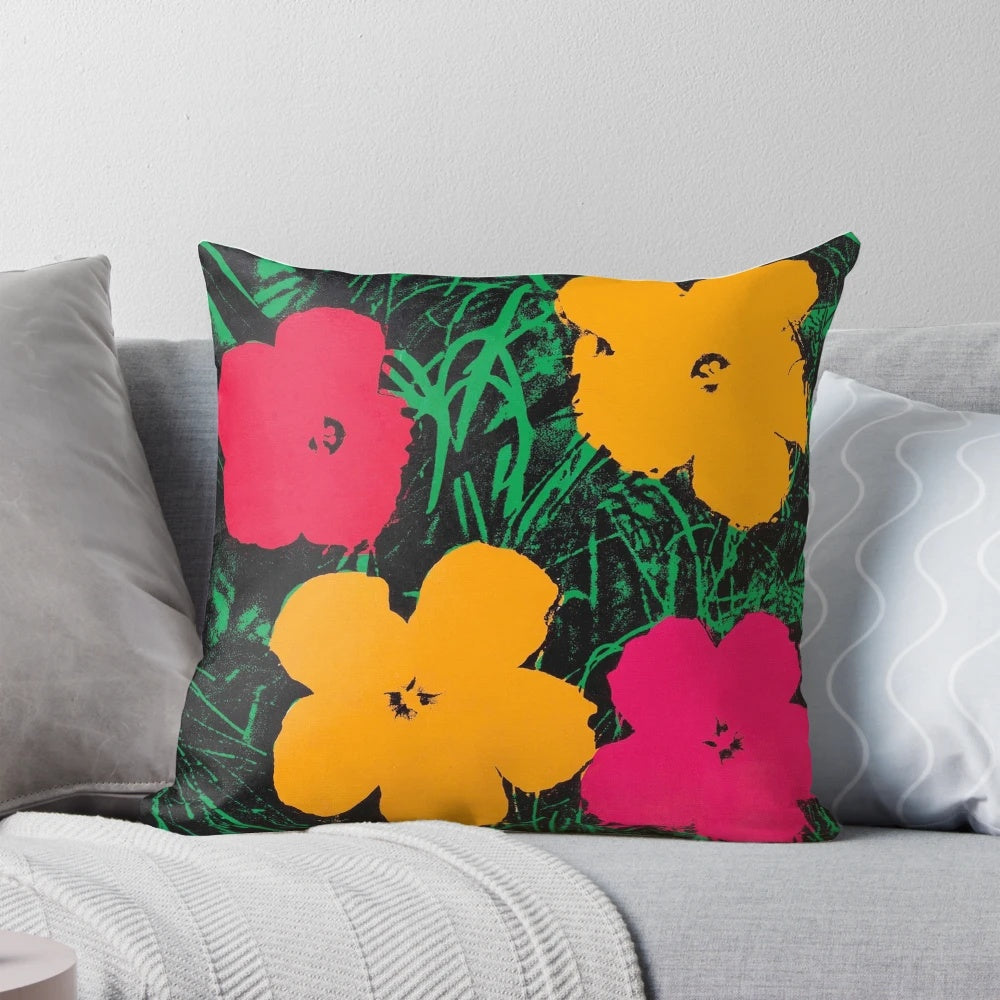 Vibrant flower design pillow inspired by the iconic pop art of Andy Warhol