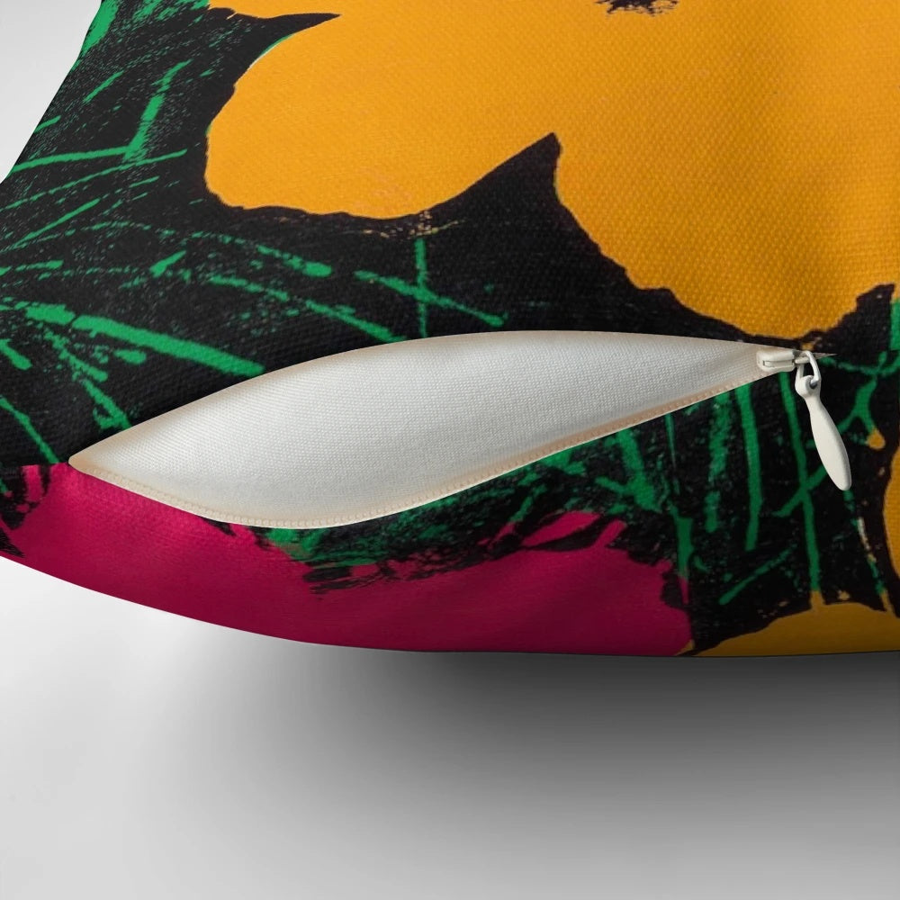 Vibrant flower design pillow inspired by the iconic pop art of Andy Warhol