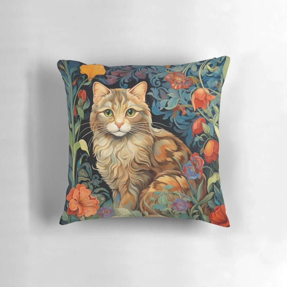 Vibrant floral tapestry design with a cat, perfect for cat lovers and home decor.
