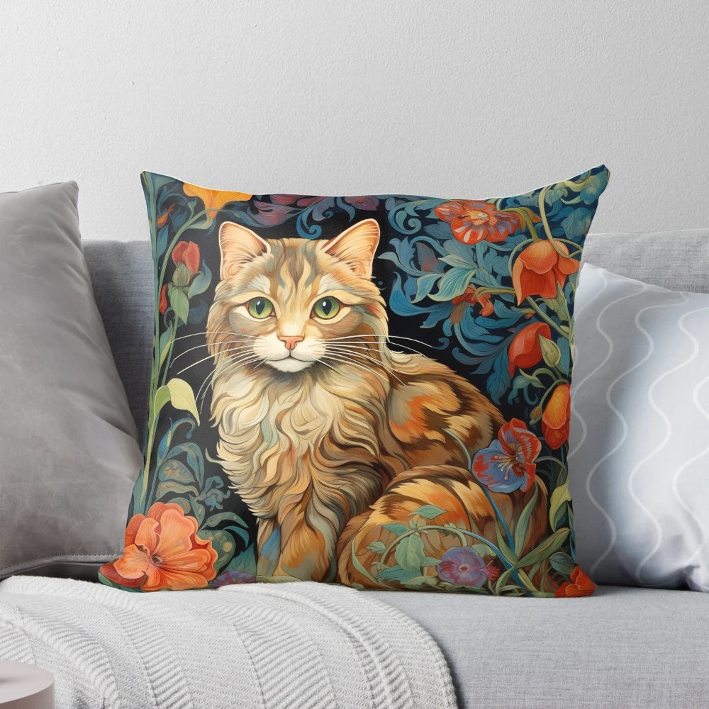 Vibrant floral tapestry design with a cat, perfect for cat lovers and home decor.