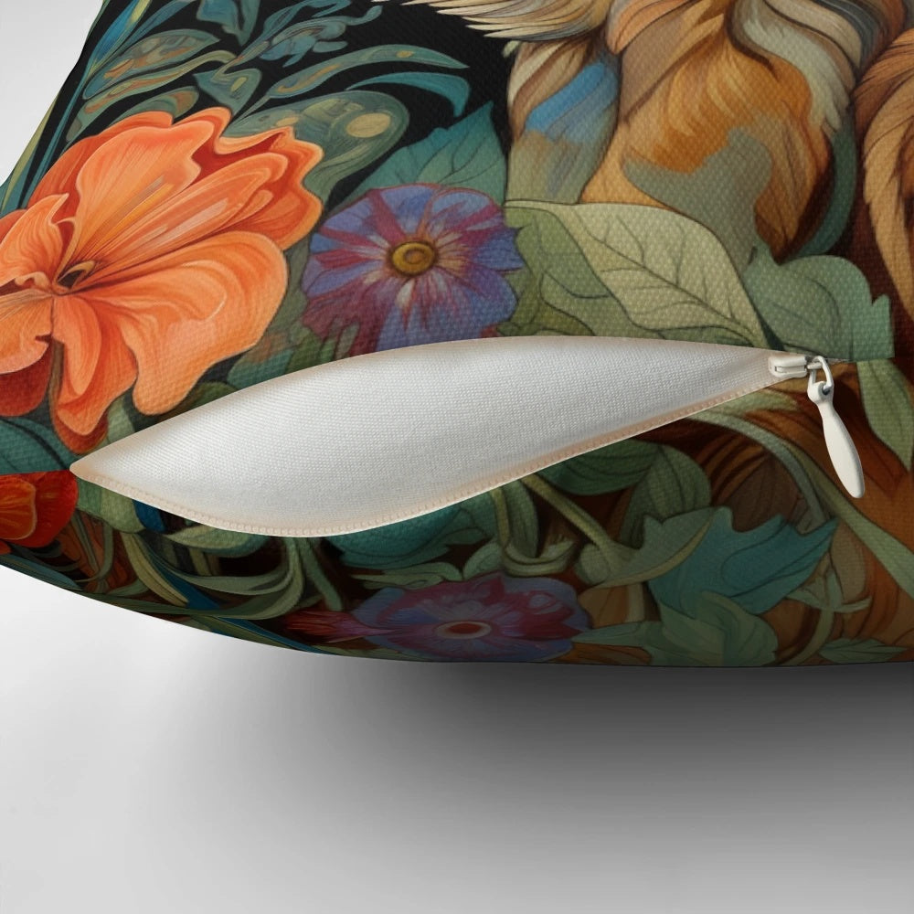 Vibrant floral tapestry design with a cat, perfect for cat lovers and home decor.