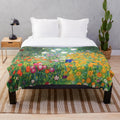 Vibrant floral plush blanket with Gustav Klimt-inspired design