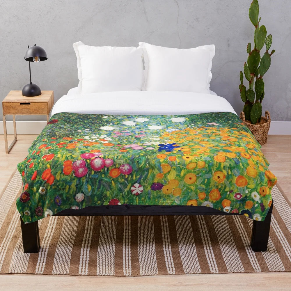 Vibrant floral plush blanket with Gustav Klimt-inspired design
