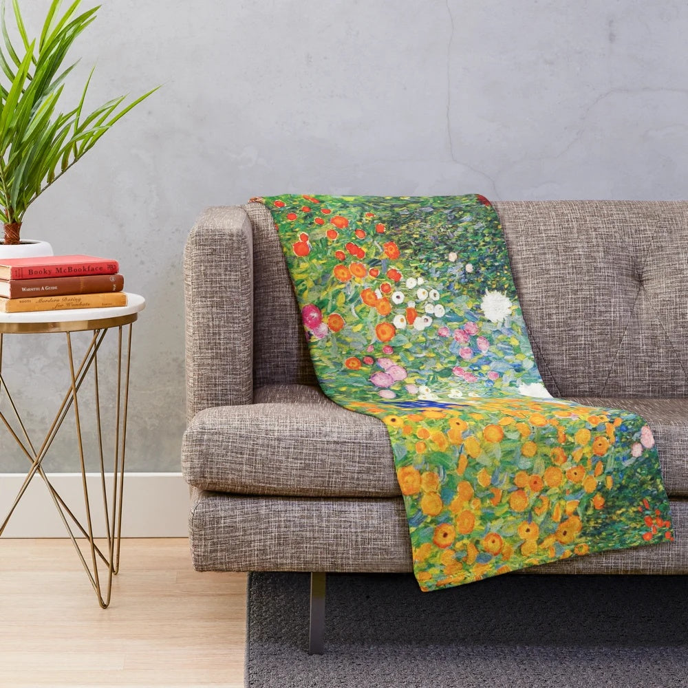 Vibrant floral plush blanket with Gustav Klimt-inspired design