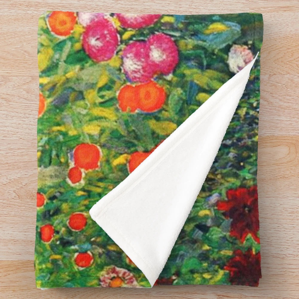 Vibrant floral plush blanket with Gustav Klimt-inspired design