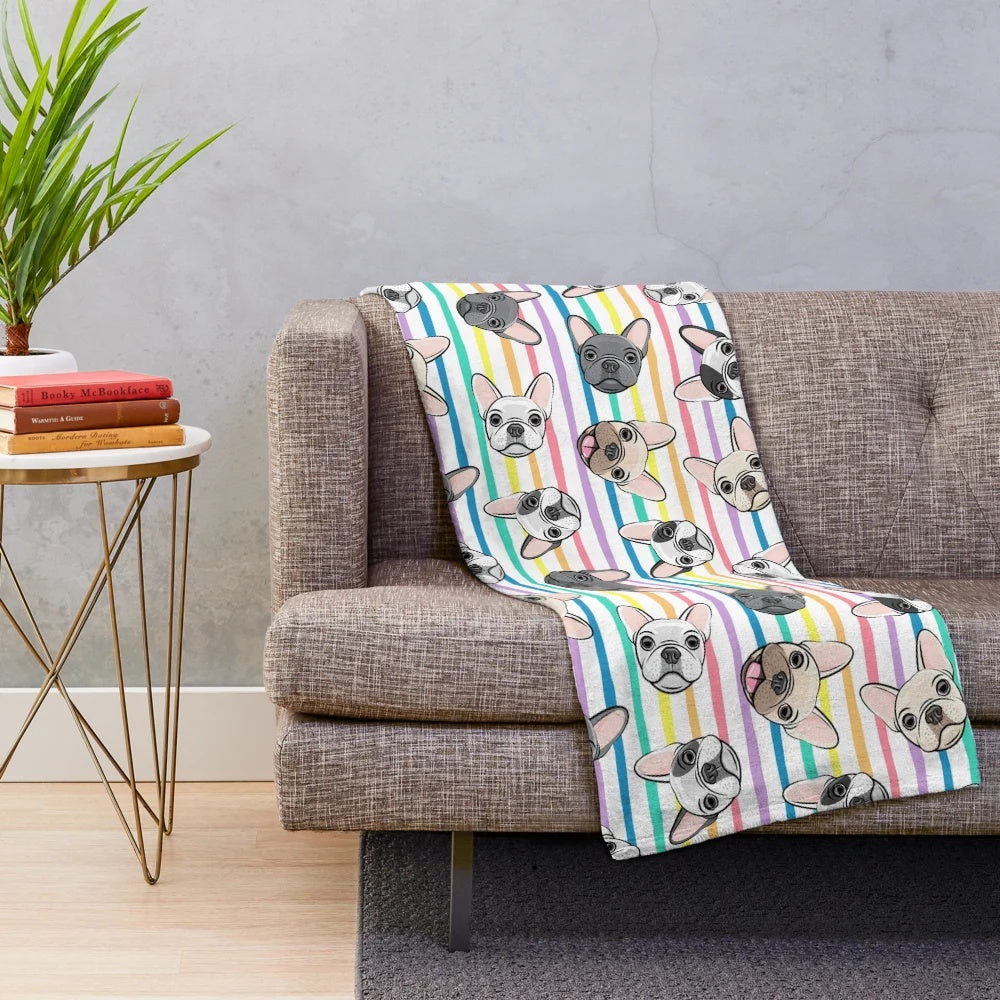 Colorful French Bulldog Plush Blanket with Rainbow Stripes
