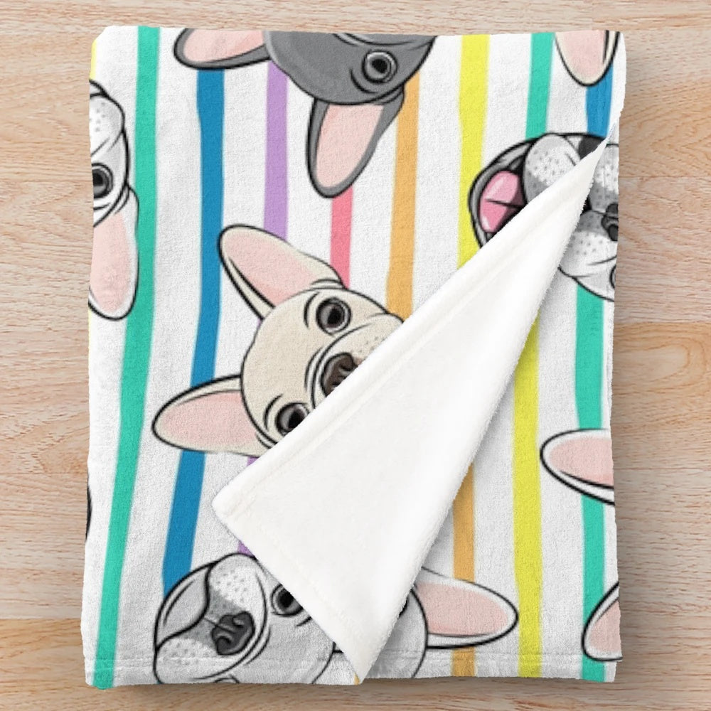 Colorful French Bulldog Plush Blanket with Rainbow Stripes