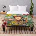 Colorful Frida Kahlo inspired plush blanket featuring floral and feminine designs