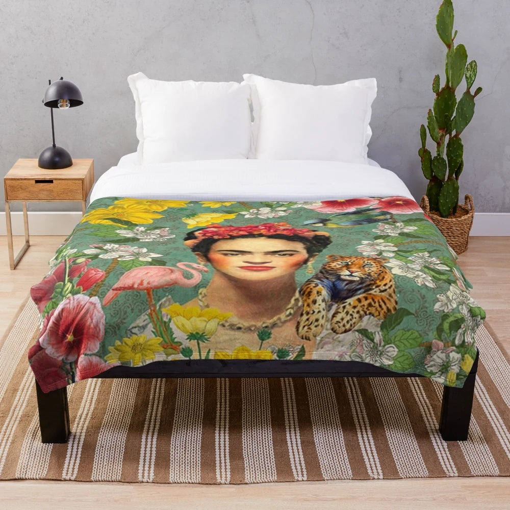 Colorful Frida Kahlo inspired plush blanket featuring floral and feminine designs