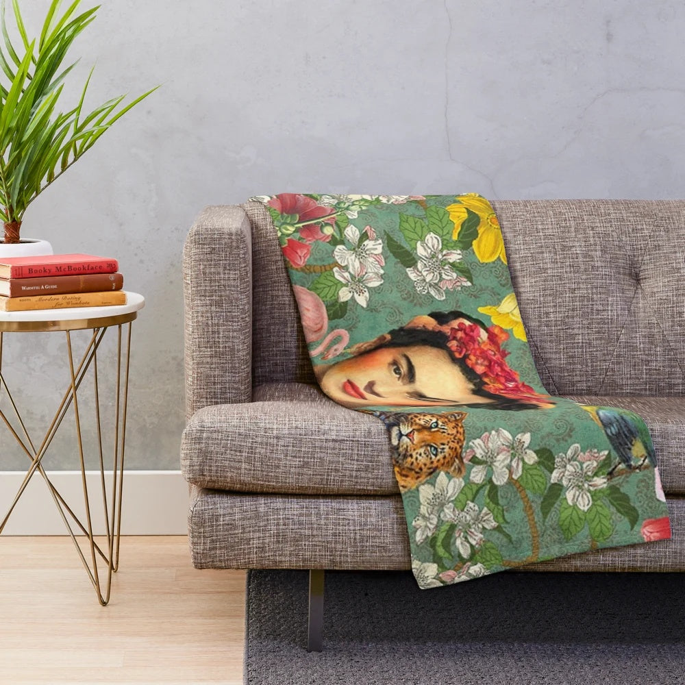 Colorful Frida Kahlo inspired plush blanket featuring floral and feminine designs