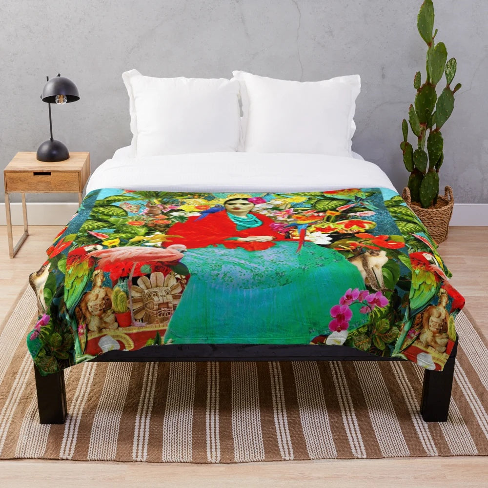 Colorful Frida Kahlo inspired plush blanket featuring tropical animals, plants, and botanicals