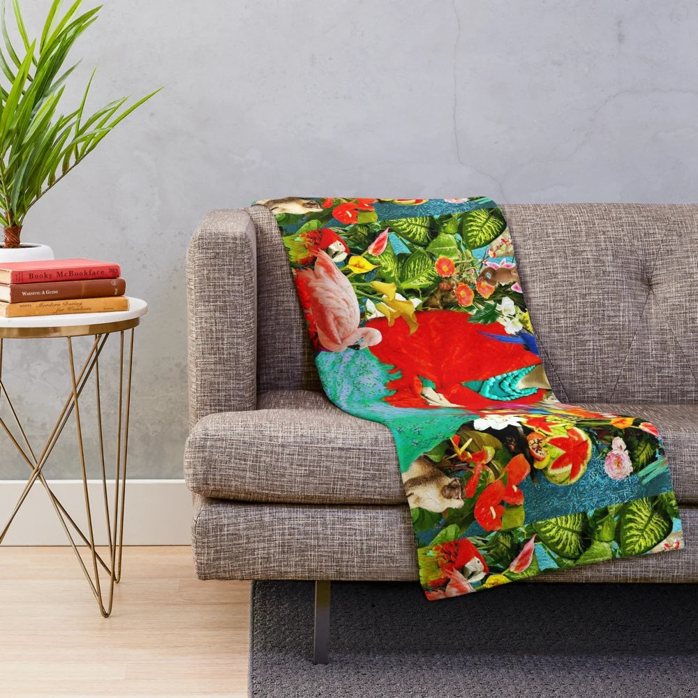 Colorful Frida Kahlo inspired plush blanket featuring tropical animals, plants, and botanicals