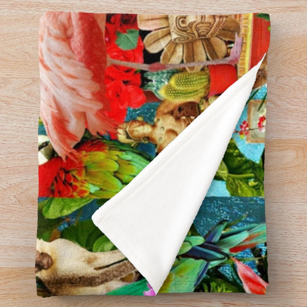 Colorful Frida Kahlo inspired plush blanket featuring tropical animals, plants, and botanicals