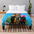 Colorful Frida Kahlo inspired plush blanket featuring a vibrant floral portrait