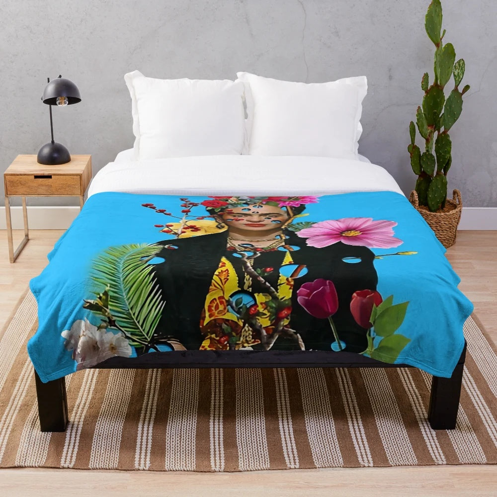 Colorful Frida Kahlo inspired plush blanket featuring a vibrant floral portrait