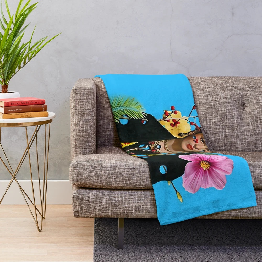 Colorful Frida Kahlo inspired plush blanket featuring a vibrant floral portrait