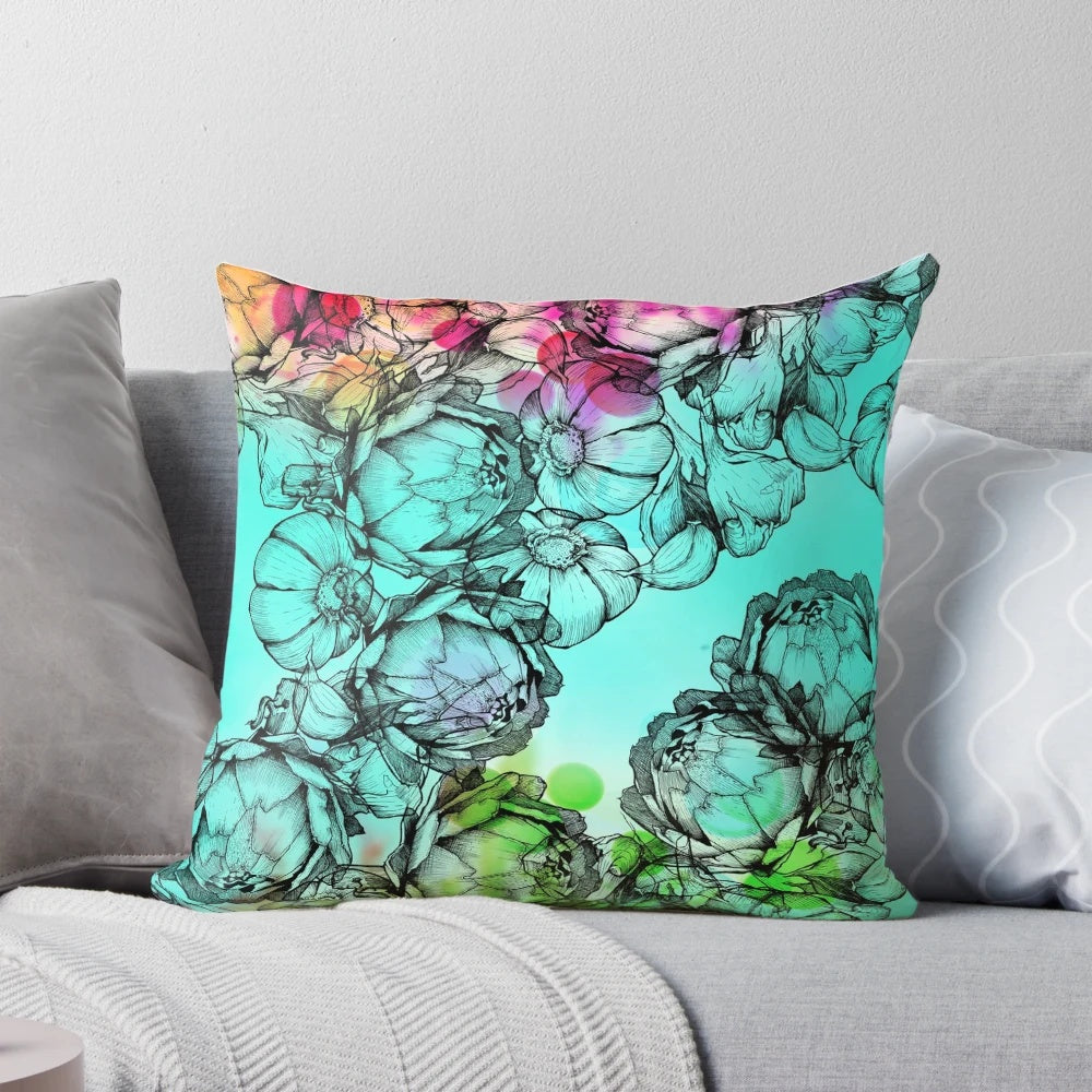 Vibrant, multicolored pillow featuring a garden of flowers, vegetables, and a rainbow design.