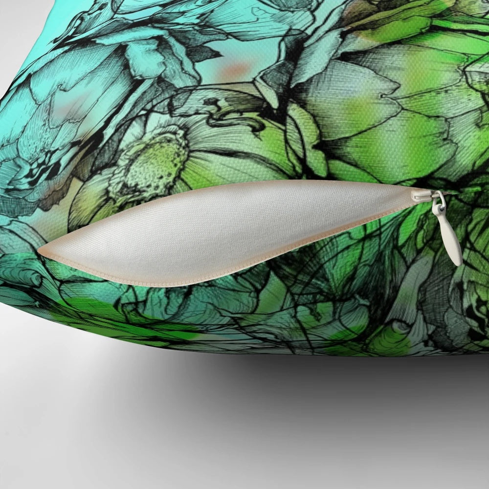 Vibrant, multicolored pillow featuring a garden of flowers, vegetables, and a rainbow design.