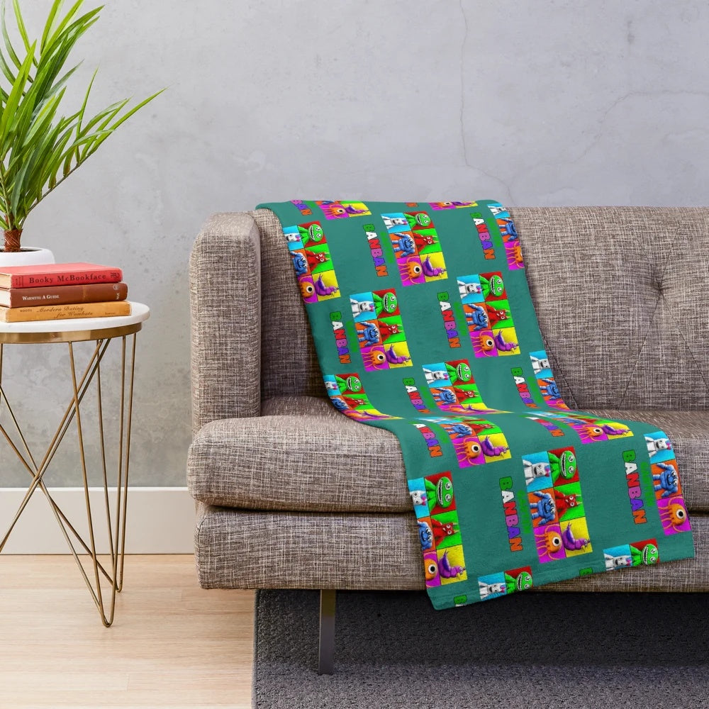 Garten of Banban characters plush blanket featuring rainbow friends, captain fiddles, and more