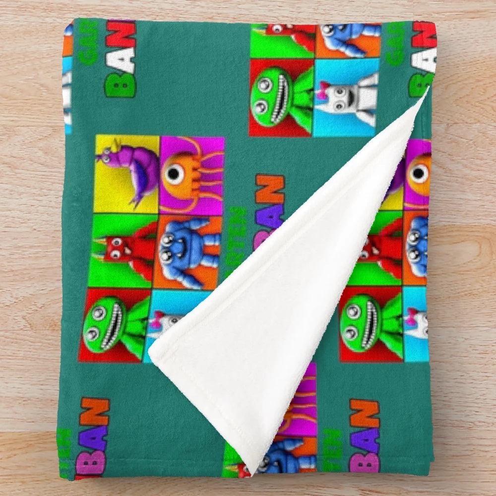 Garten of Banban characters plush blanket featuring rainbow friends, captain fiddles, and more