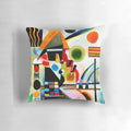 Colorful abstract art pillow featuring geometric shapes and Kandinsky-inspired expressionist design