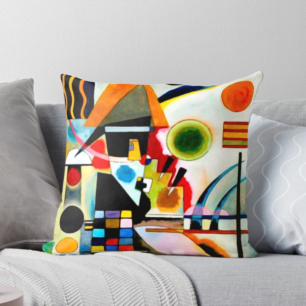 Colorful abstract art pillow featuring geometric shapes and Kandinsky-inspired expressionist design